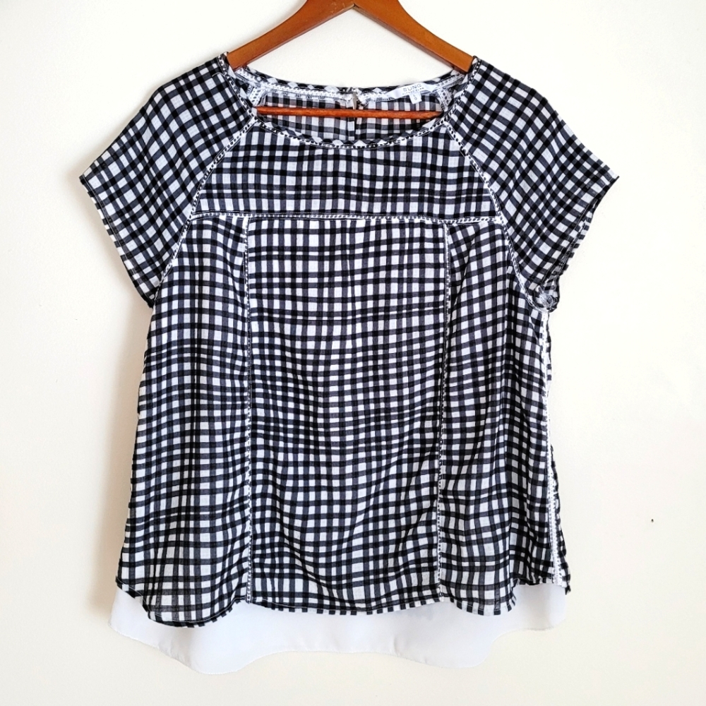 Alfred Sung Black & White Checkered Gauzy Blouse L
